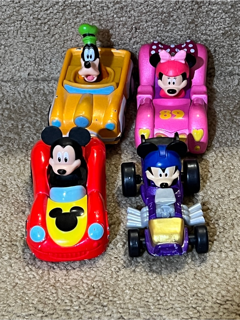 Disney Roadster Mickey Mouse Purple car Goofy Minnie Toy Lot of 4 die cast metal